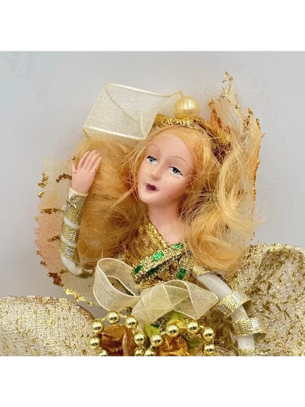 Vintage Porcelain Fairy Lady Gold Green Christmas Ornament Pearls Beads 8 in